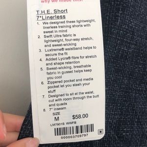 T.H.E. Short 7* Linerless Men’s Size M Lululemon